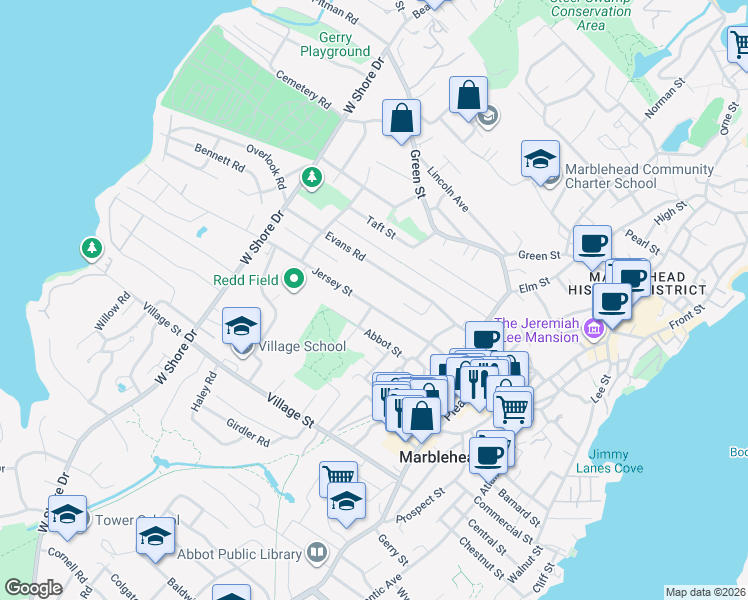 map of restaurants, bars, coffee shops, grocery stores, and more near 48 Evans Road in Marblehead