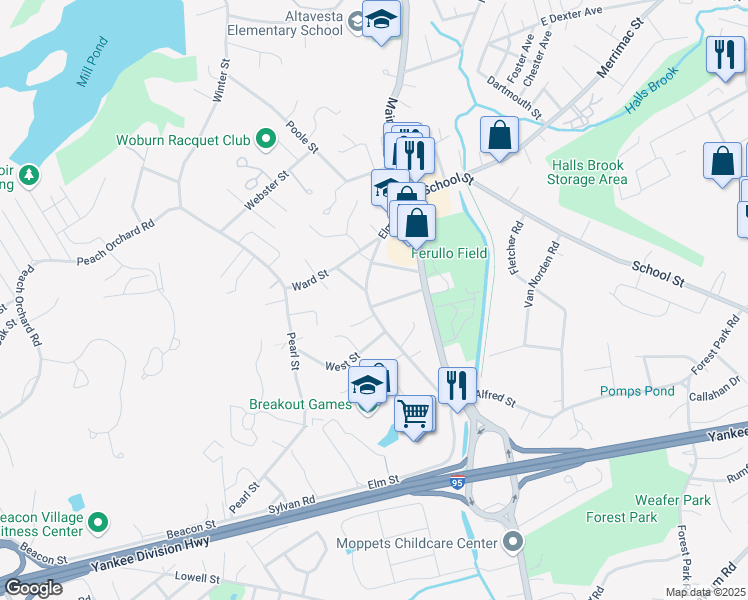 map of restaurants, bars, coffee shops, grocery stores, and more near 4 Tidd Avenue in Woburn