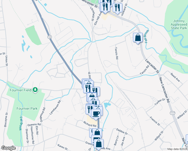 map of restaurants, bars, coffee shops, grocery stores, and more near 19 Calza Street in Leominster
