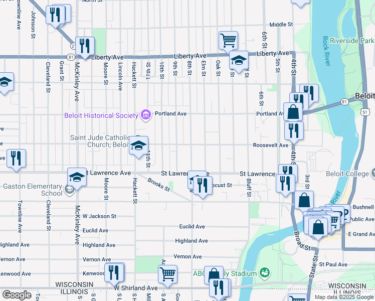 map of restaurants, bars, coffee shops, grocery stores, and more near 717 Roosevelt Avenue in Beloit