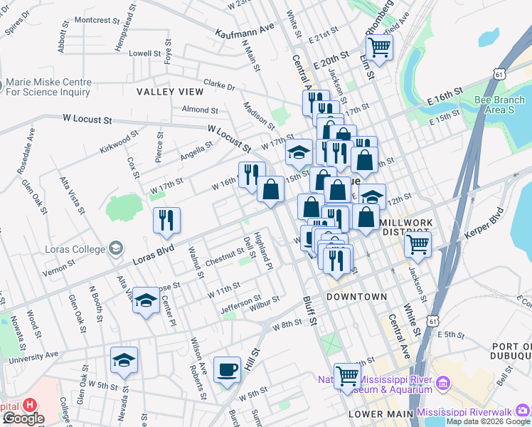 map of restaurants, bars, coffee shops, grocery stores, and more near 1439 Bluff Street in Dubuque