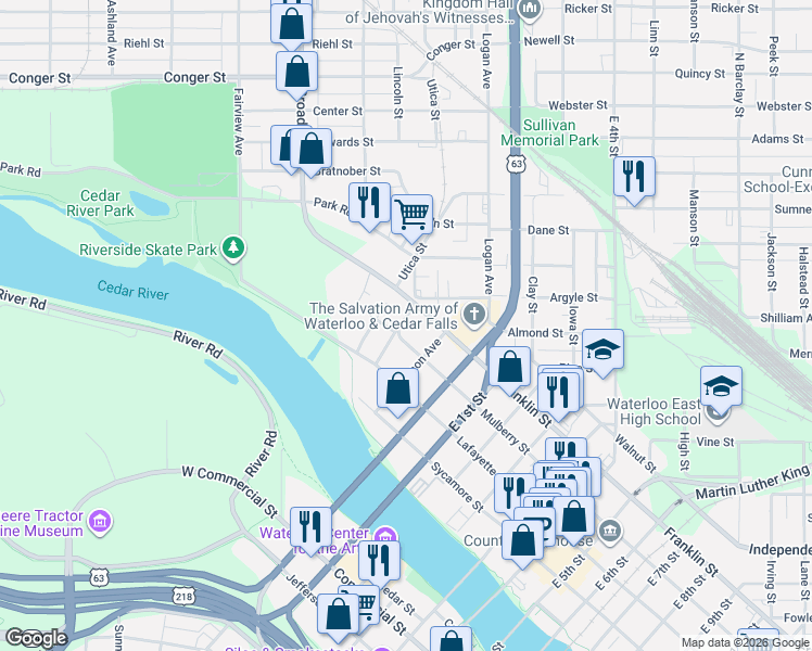 map of restaurants, bars, coffee shops, grocery stores, and more near 421 Oak Avenue in Waterloo