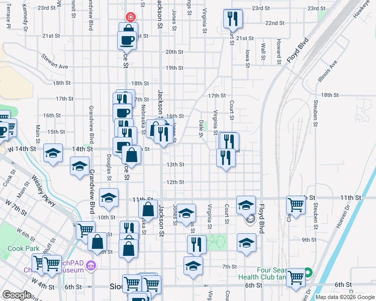 map of restaurants, bars, coffee shops, grocery stores, and more near 1401-1449 Ingleside Ave in Sioux City