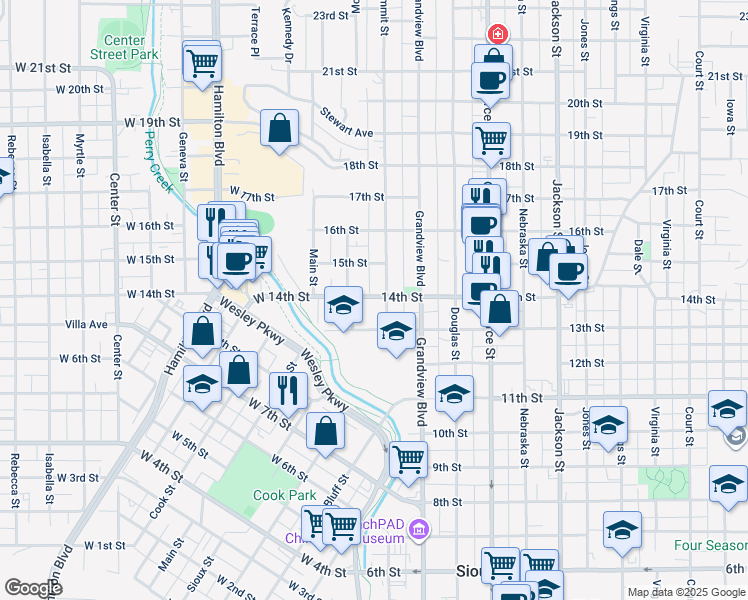 map of restaurants, bars, coffee shops, grocery stores, and more near 1407 Summit Street in Sioux City