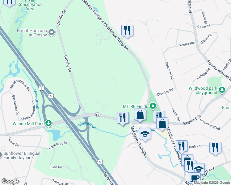 map of restaurants, bars, coffee shops, grocery stores, and more near 202 Burlington Road in Bedford