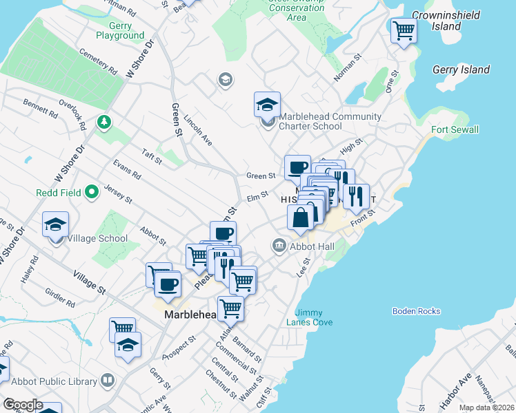 map of restaurants, bars, coffee shops, grocery stores, and more near 119 Elm Street in Marblehead