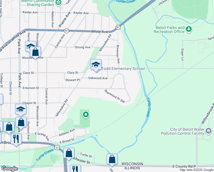 map of restaurants, bars, coffee shops, grocery stores, and more near 830 Sherwood Drive Northwest in Beloit