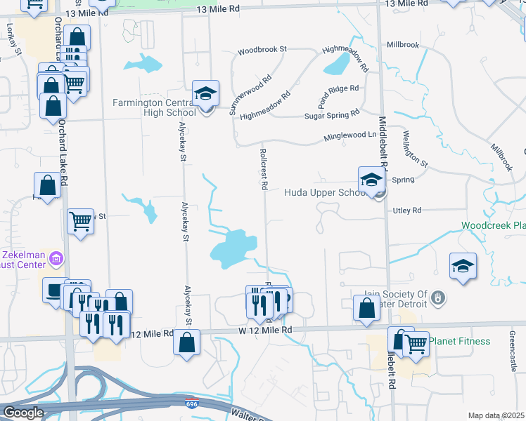 map of restaurants, bars, coffee shops, grocery stores, and more near in Farmington