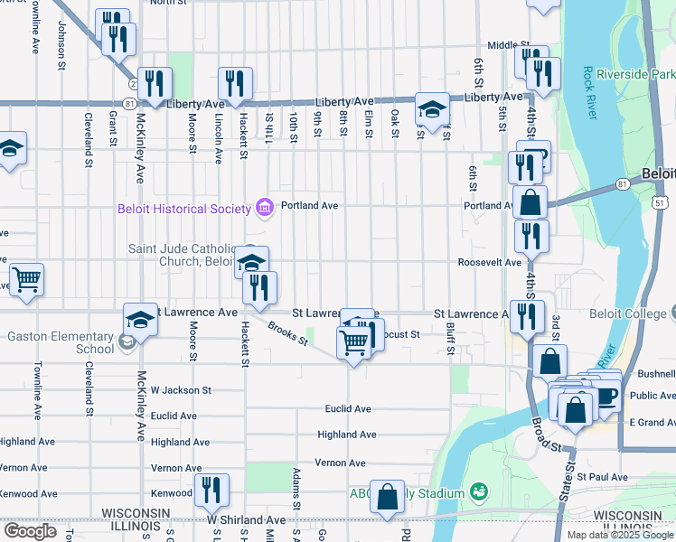 map of restaurants, bars, coffee shops, grocery stores, and more near 717 Roosevelt Avenue in Beloit