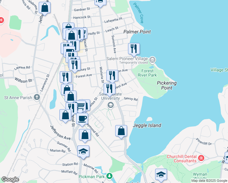 map of restaurants, bars, coffee shops, grocery stores, and more near 343 Lafayette Street in Salem