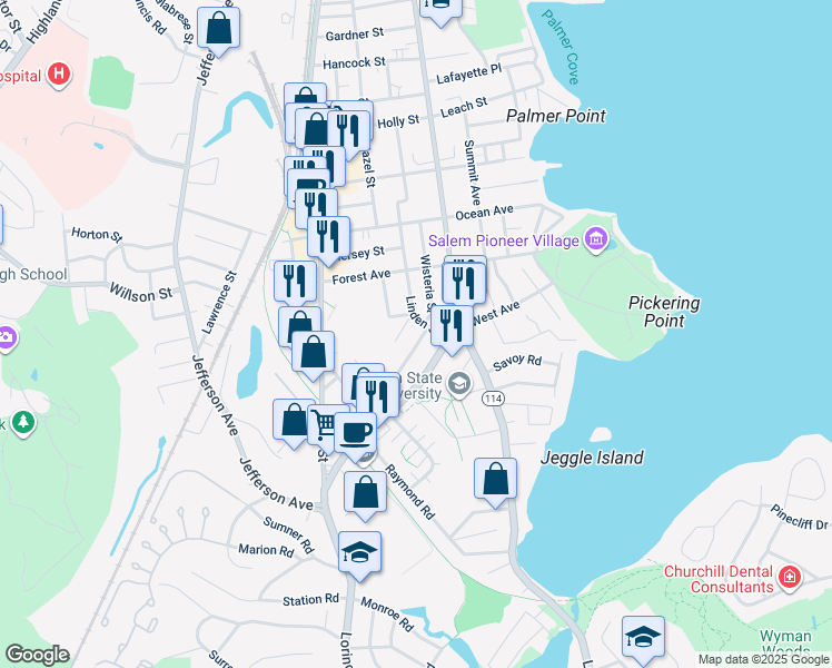 map of restaurants, bars, coffee shops, grocery stores, and more near 96 Atlantic Street in Salem