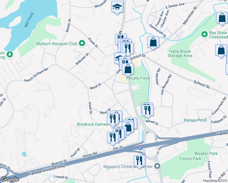 map of restaurants, bars, coffee shops, grocery stores, and more near in Woburn