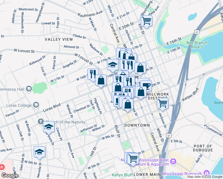 map of restaurants, bars, coffee shops, grocery stores, and more near 1394 Locust Street in Dubuque