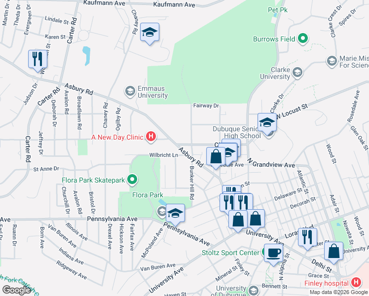 map of restaurants, bars, coffee shops, grocery stores, and more near 2190-2234 Asbury Road in Dubuque