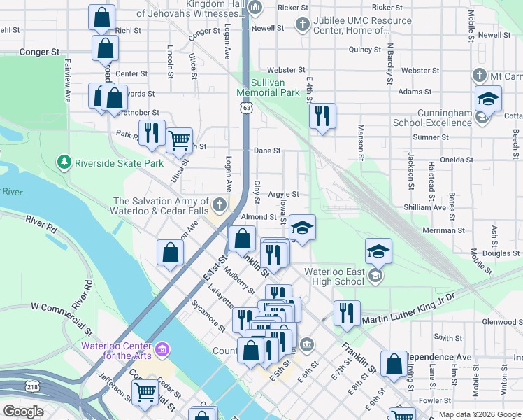 map of restaurants, bars, coffee shops, grocery stores, and more near 408 Argyle Street in Waterloo
