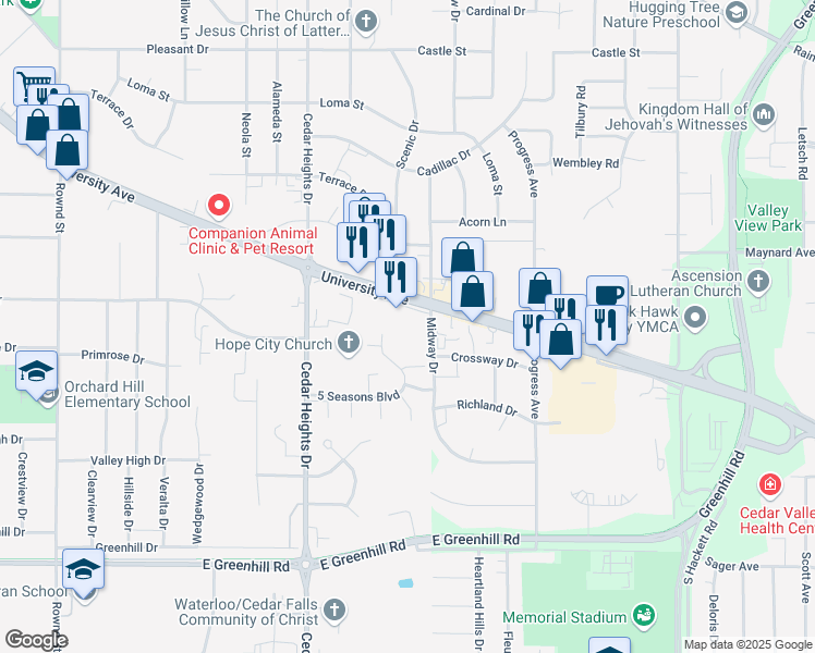 map of restaurants, bars, coffee shops, grocery stores, and more near 4129 University Avenue in Cedar Falls