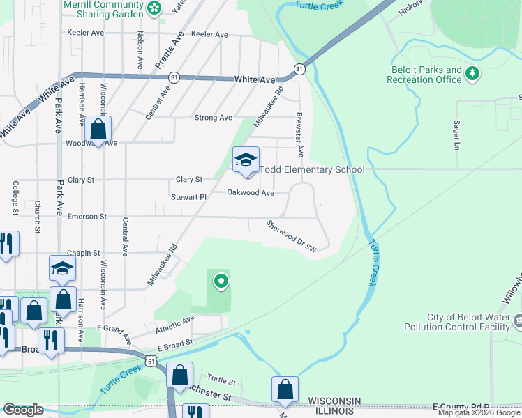 map of restaurants, bars, coffee shops, grocery stores, and more near 1704 Oakwood Avenue in Beloit