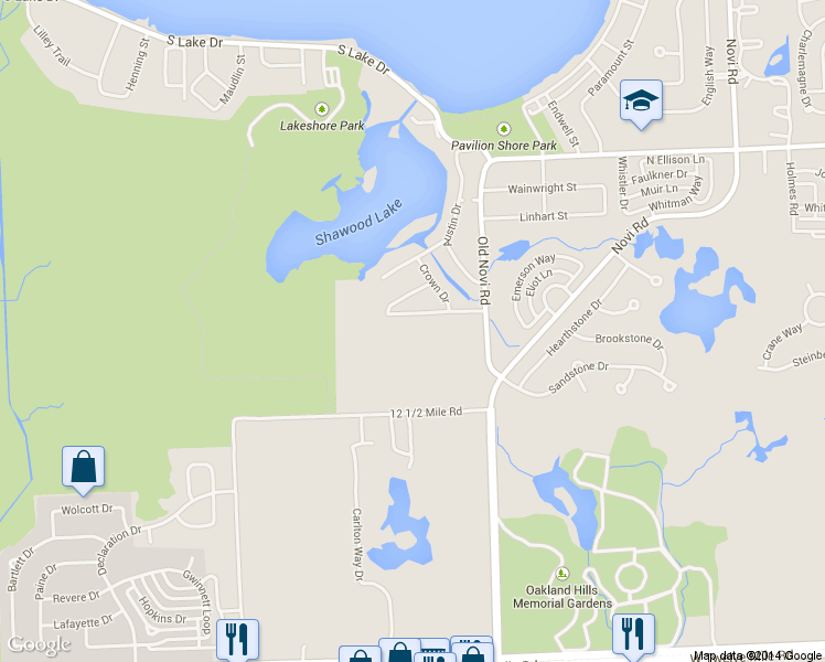 map of restaurants, bars, coffee shops, grocery stores, and more near 195 Pleasant Cove Dr in Novi