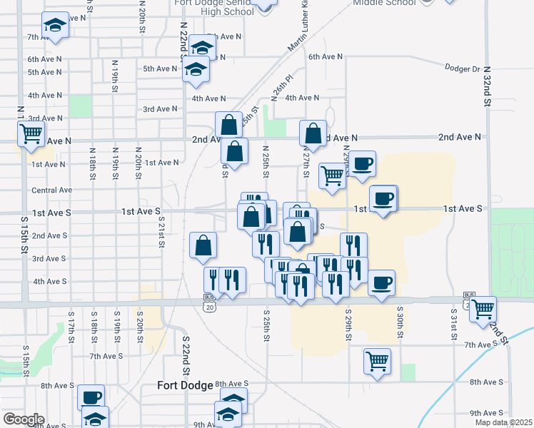 map of restaurants, bars, coffee shops, grocery stores, and more near 117 South 25th Street in Fort Dodge