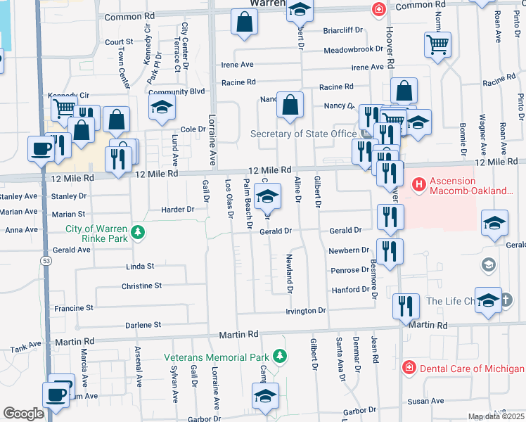 map of restaurants, bars, coffee shops, grocery stores, and more near 28689 Campbell Drive in Warren