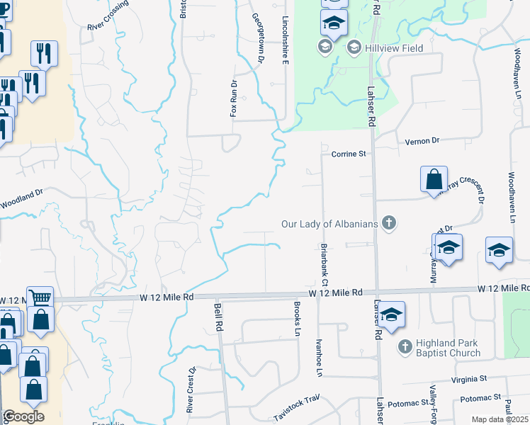 map of restaurants, bars, coffee shops, grocery stores, and more near 29380 Brooks Lane in Southfield
