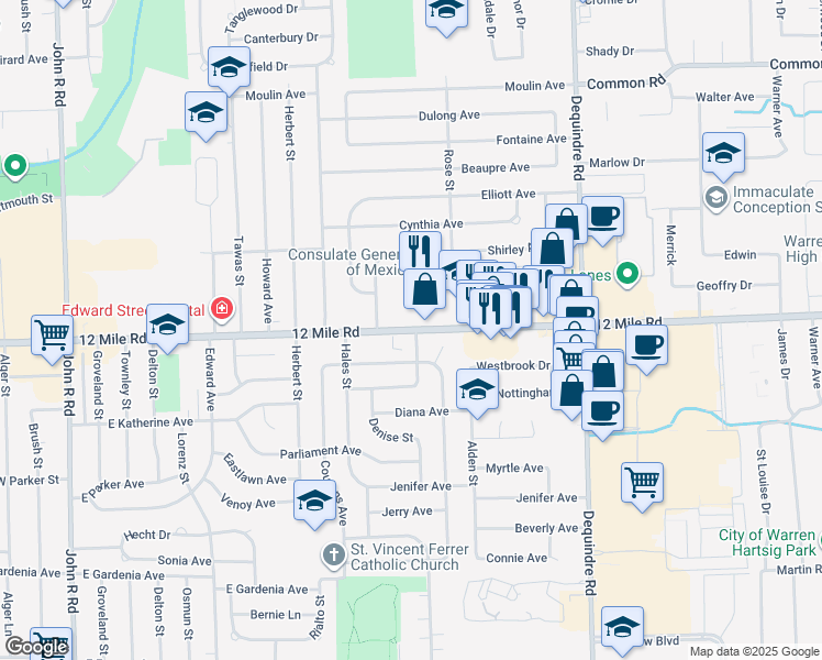 map of restaurants, bars, coffee shops, grocery stores, and more near 1387 East 12 Mile Road in Madison Heights