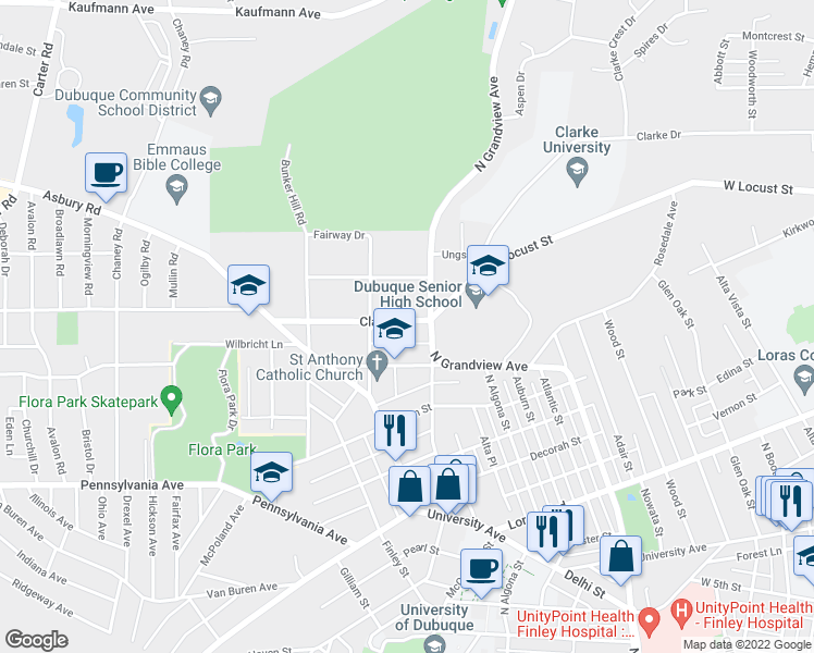 map of restaurants, bars, coffee shops, grocery stores, and more near 2044 Clarke Drive in Dubuque