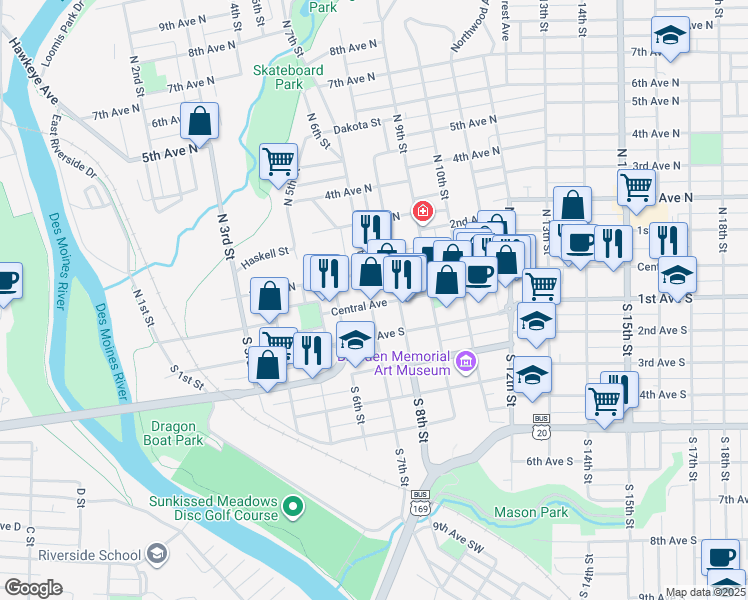 map of restaurants, bars, coffee shops, grocery stores, and more near 712 Central Avenue in Fort Dodge