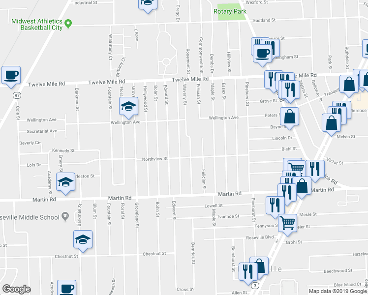 map of restaurants, bars, coffee shops, grocery stores, and more near 28342 Rosemont Street in Roseville