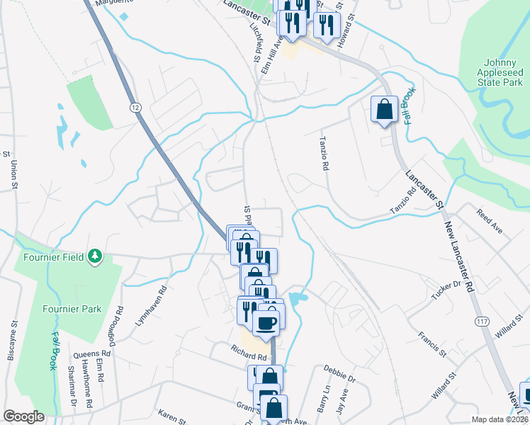 map of restaurants, bars, coffee shops, grocery stores, and more near 19 Calza Street in Leominster