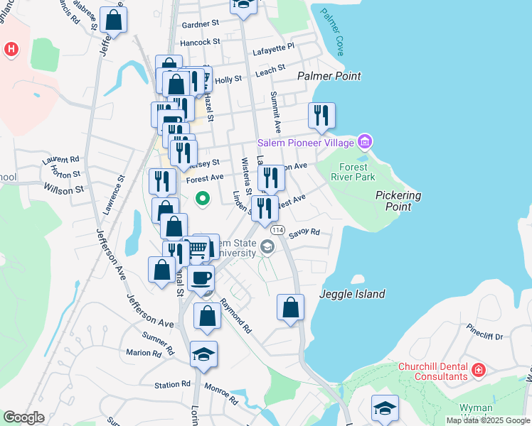 map of restaurants, bars, coffee shops, grocery stores, and more near 352 Lafayette Street in Salem