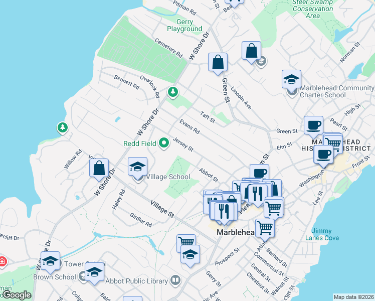 map of restaurants, bars, coffee shops, grocery stores, and more near 63 Jersey Street in Marblehead