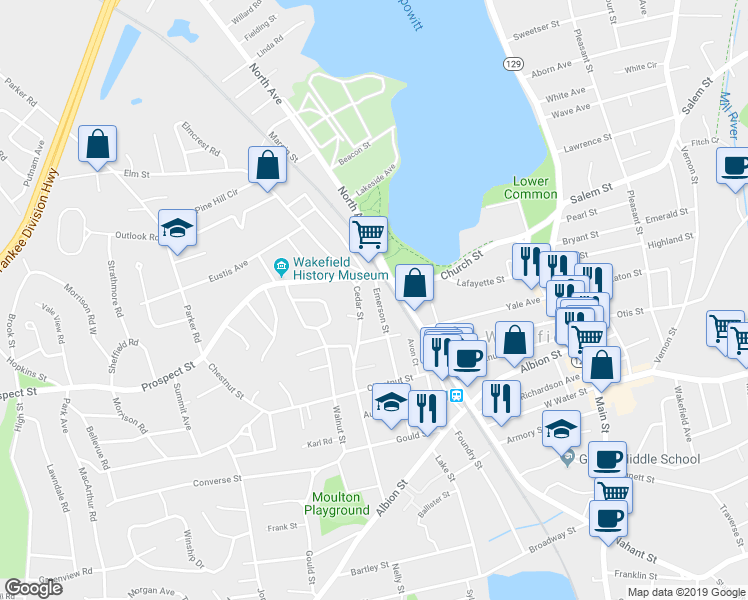 map of restaurants, bars, coffee shops, grocery stores, and more near 60 Emerson Street in Wakefield
