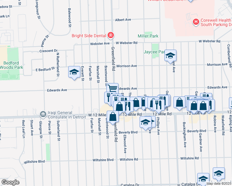 map of restaurants, bars, coffee shops, grocery stores, and more near 9255 Edwards Avenue in Southfield