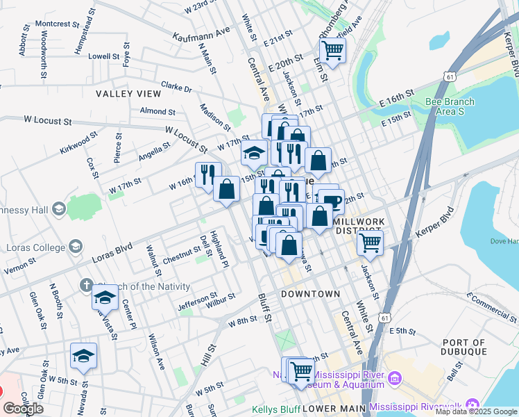 map of restaurants, bars, coffee shops, grocery stores, and more near 1394 Locust Street in Dubuque