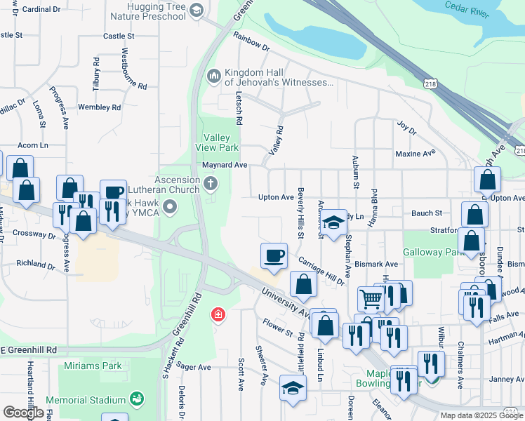 map of restaurants, bars, coffee shops, grocery stores, and more near 2015 Upton Avenue in Waterloo
