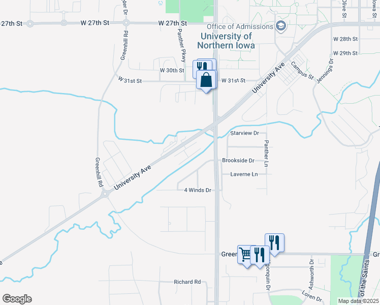 map of restaurants, bars, coffee shops, grocery stores, and more near 9025 University Avenue in Cedar Falls