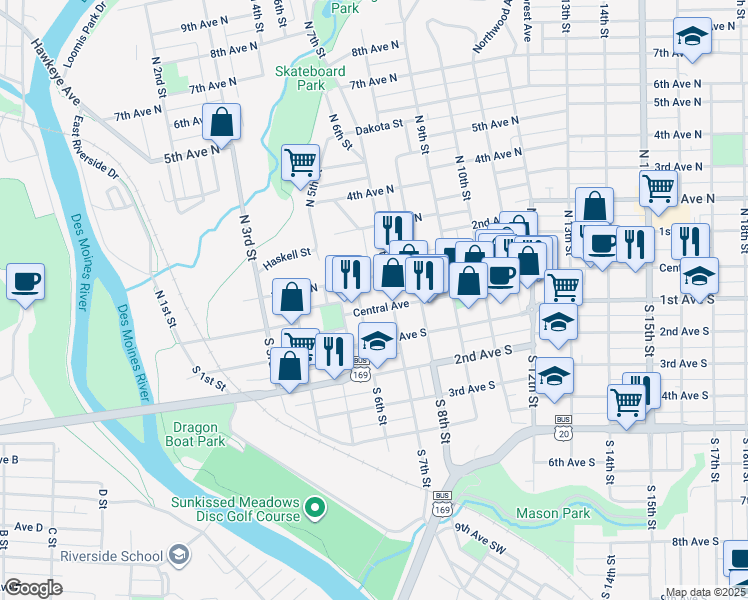map of restaurants, bars, coffee shops, grocery stores, and more near 18 North 7th Street in Fort Dodge