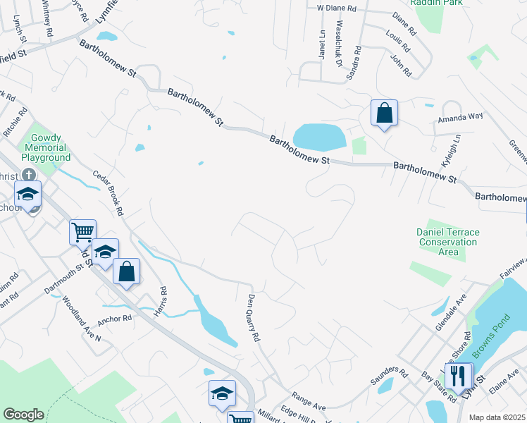 map of restaurants, bars, coffee shops, grocery stores, and more near 25 Tsitsinos Drive in Peabody