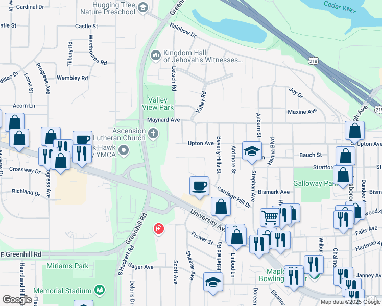 map of restaurants, bars, coffee shops, grocery stores, and more near 2015 Upton Avenue in Waterloo