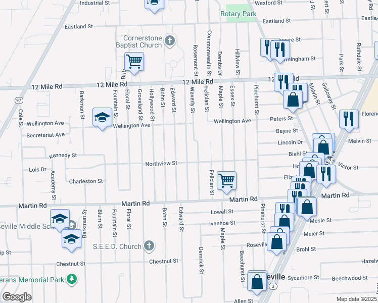 map of restaurants, bars, coffee shops, grocery stores, and more near 28374 Rosemont Street in Roseville