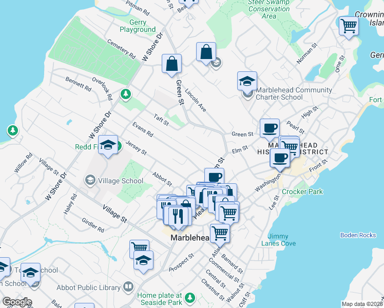 map of restaurants, bars, coffee shops, grocery stores, and more near 24 Roosevelt Avenue in Marblehead