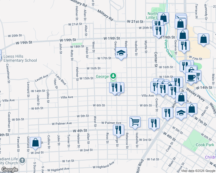 map of restaurants, bars, coffee shops, grocery stores, and more near 1519 West 14th Street in Sioux City