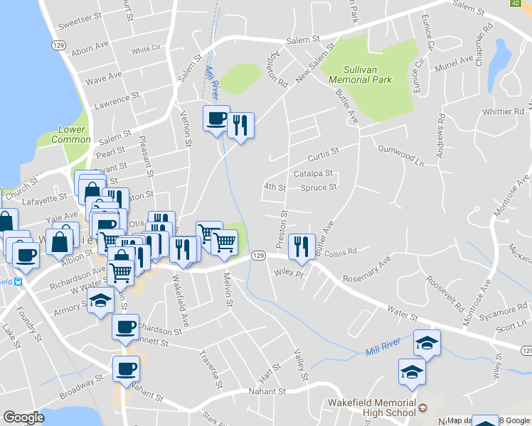 map of restaurants, bars, coffee shops, grocery stores, and more near 11 2nd Street in Wakefield