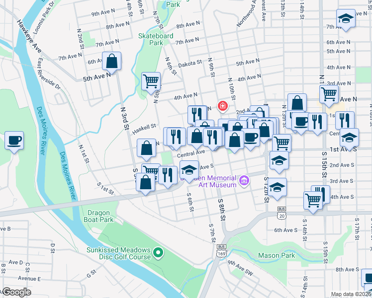 map of restaurants, bars, coffee shops, grocery stores, and more near 610 Central Avenue in Fort Dodge