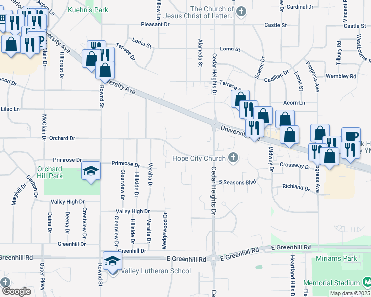 map of restaurants, bars, coffee shops, grocery stores, and more near 2624 Orchard Dr in Cedar Falls