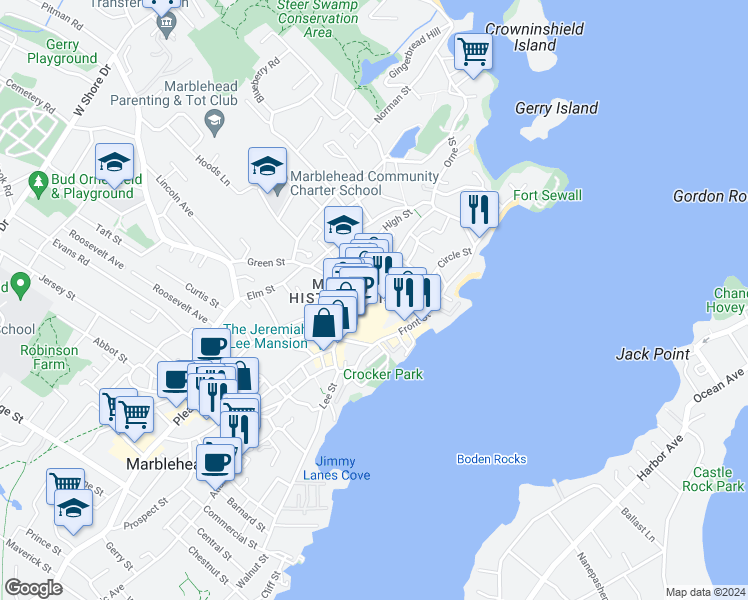 map of restaurants, bars, coffee shops, grocery stores, and more near 7 State Street in Marblehead