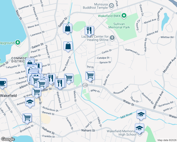 map of restaurants, bars, coffee shops, grocery stores, and more near 11 2nd Street in Wakefield