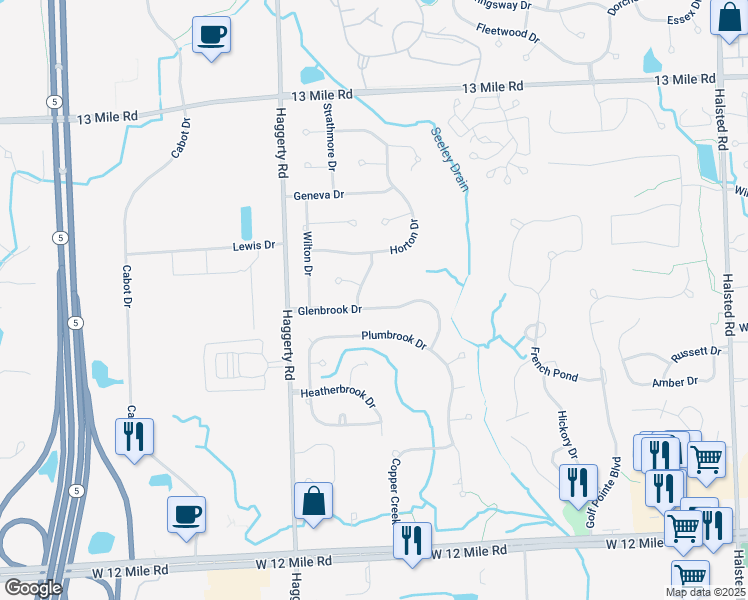 map of restaurants, bars, coffee shops, grocery stores, and more near 28830 Piedmont Drive in Farmington Hills