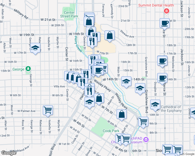 map of restaurants, bars, coffee shops, grocery stores, and more near 1401-1405 Omaha St in Sioux City